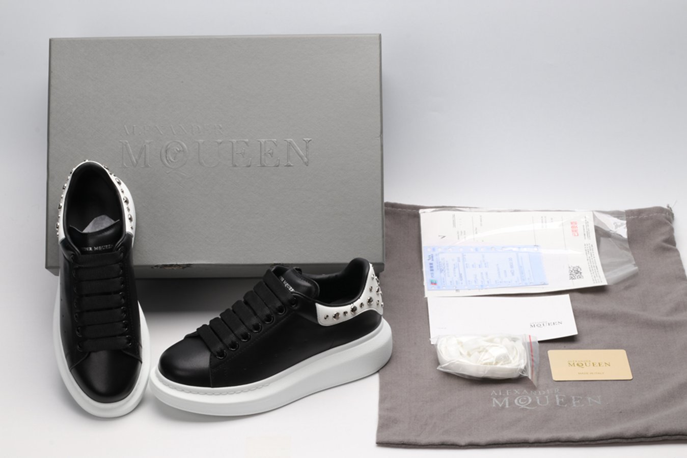 AMQ Black calf leather lace-up sneaker with siL*Ver-finished hammered stud
