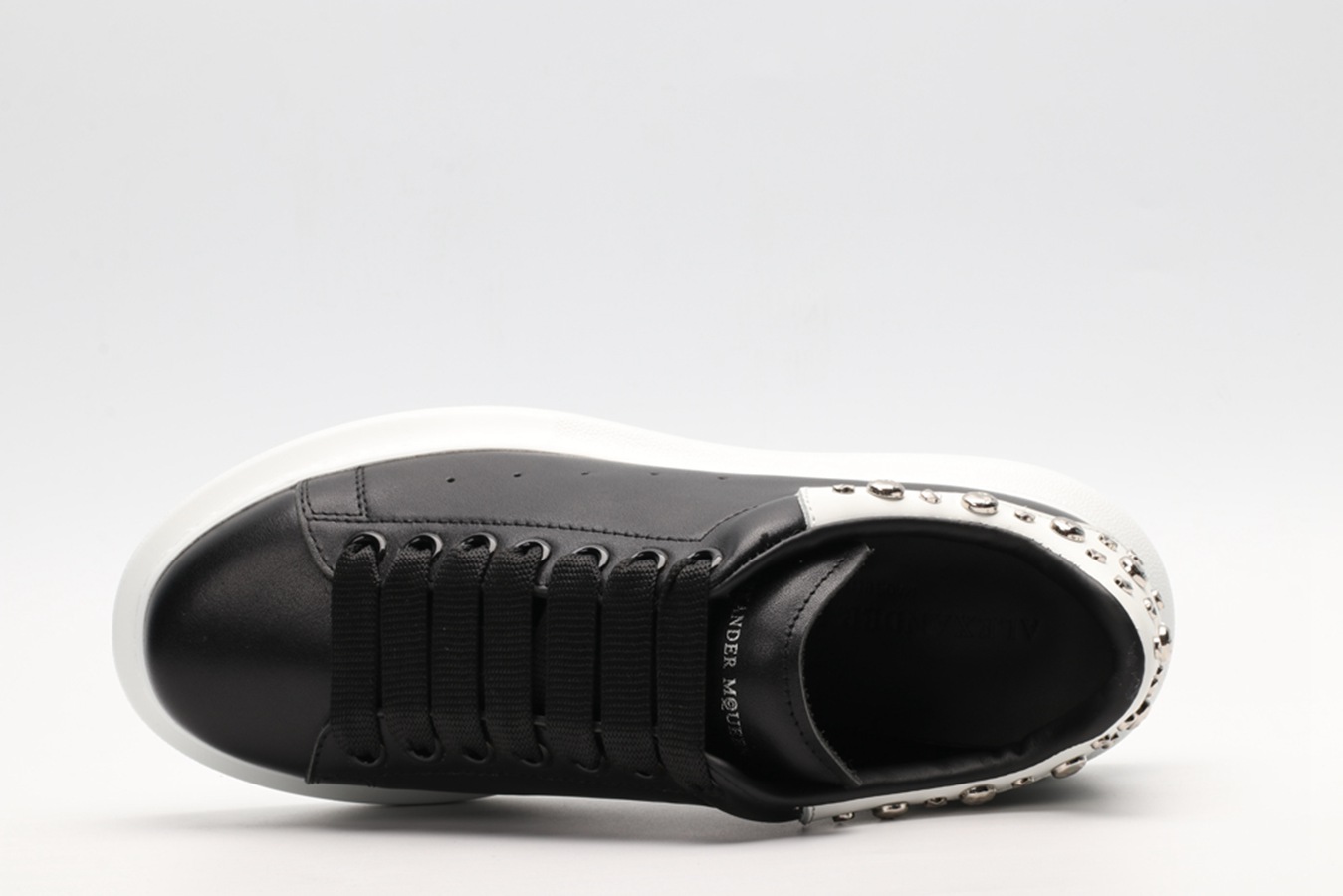 AMQ Black calf leather lace-up sneaker with siL*Ver-finished hammered stud